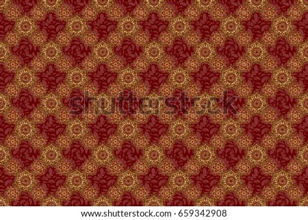 Gold ornament seamless pattern. Golden raster print on red background for design invitation, card, wallpaper or fabric.