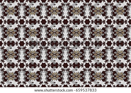 Golden snowflake simple pattern. Raster golden pattern on brown background with golden elements. Abstract wallpaper, wrapping decoration. Symbol of winter, Merry Christmas holiday, Happy New Year 2018