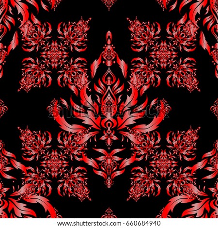 Seamless pattern in red colors. Sketch with motley ornament on a black background.