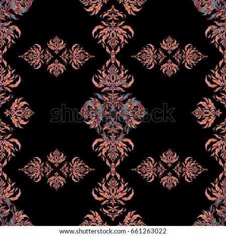 Luxurious seamless pattern of pink, orange and red ornament with stylized waves on a black background.