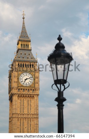 Big Ben and lantern. Focus on Big Ben. Big Ben is one of London's best-known landmarks