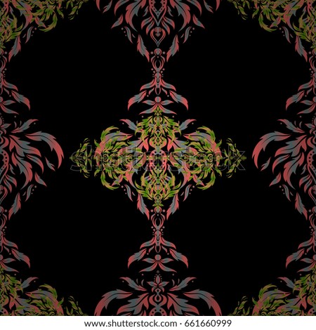 Pink, orange and green vintage seamless pattern on a black background. Abstract vector texture. Low poly motley pattern illustration.