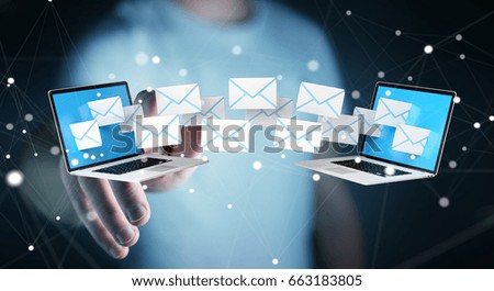 Businessman on blurred background receiving e-mails on his digital devices 3D rendering