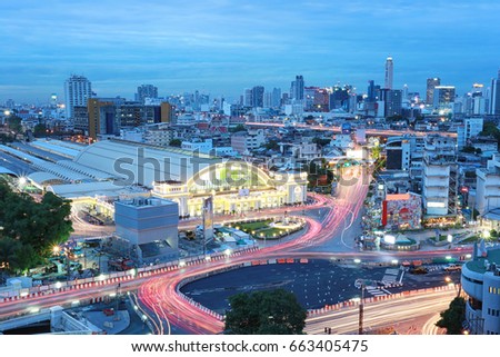 Hua Lamphong Railway Station in twilight at Bangkok Thailand,High angle view big center of Train Station.