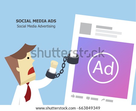 illustration vector social media marketing with advertising. Young business man addict to viral post content as concept.