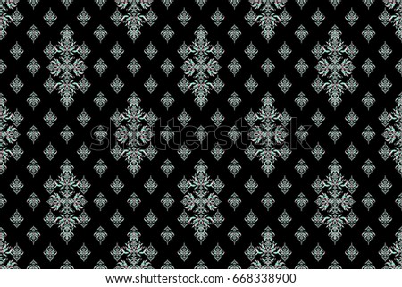 Raster seamless vintage pattern in blue colors on black background. For printing on fabric, scrapbooking, gift wrapping.