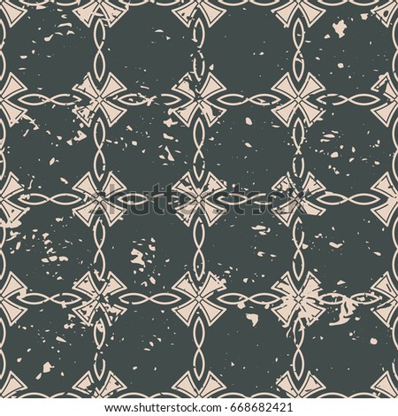 Abstract vintage ornamental pattern with fading and scratches, paint splashes. Template can be used for design of wallpaper, fabric, oilcloth, textile, wrapping paper and other design