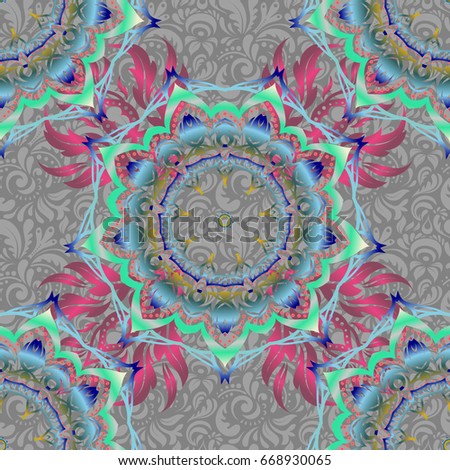 Traditional classic vector ornament. Oriental blue, green and gray seamless pattern with arabesques and abstract elements.