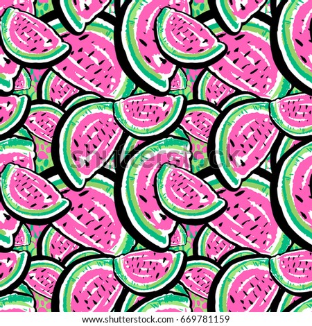 Watermelon seamless pattern.Hand painted expressive tropical flovoured motifs for textile,wrapping, decoration.