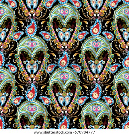 Paisley seamless pattern. Black floral background with colorful oriental paisley flowers and ethic beautiful ornaments. Vector ornamental paisley texture for fabrics, wallpapers, textile, prints.