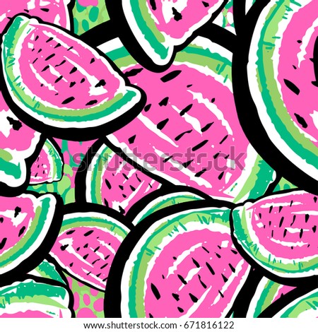 Watermelon seamless pattern.Hand painted expressive tropical flovoured motifs for textile,wrapping, decoration.