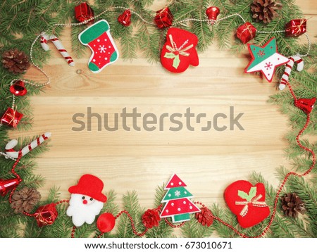 christmas background and decoration with fir branches copy space on wooden board