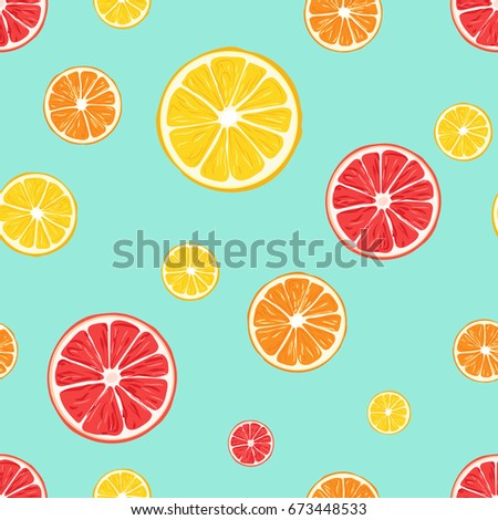 Citrus fruits pattern with oranges, limes and grapefruits. Light blue-green background.