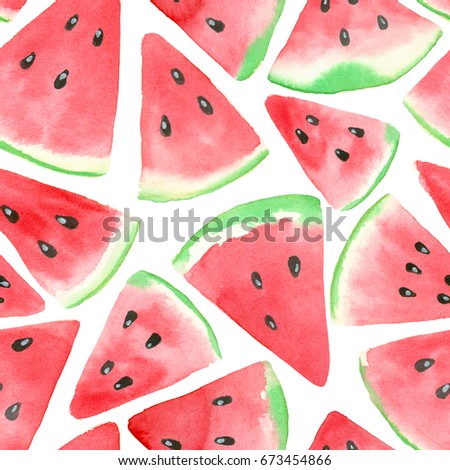 Seamless pattern made of red watermelon slices painted with watercolors.