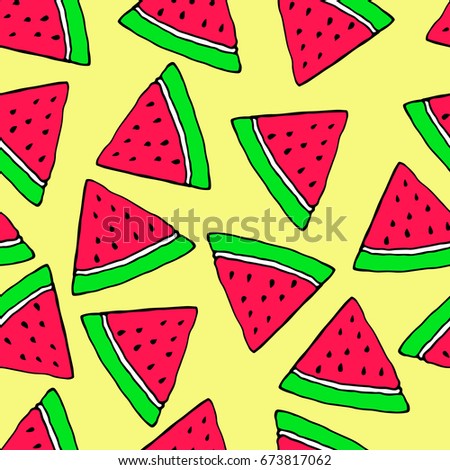 Fruit, seamless, cartoon, vector pattern. Ripe, juicy, triangle slice of watermelon. Graphics for web design, textiles, fabrics.