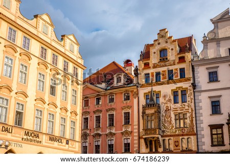 A decorated buildings facade on the southern side of Old Town Square (Staromestske Namesti). Prague, Czech Republic