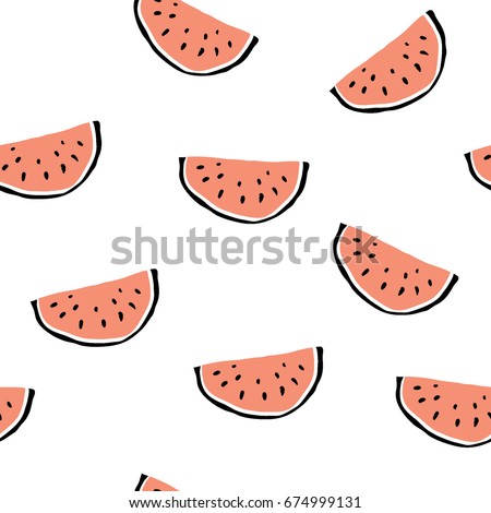 Minimalist watermelon slice seamless pattern. Simple summer fruit ornament. Doodle, flat, hand drawn texture for wallpaper, textile, fabric, paper. Pink and black. Vector