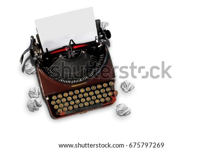Vintage typewriter top view over white