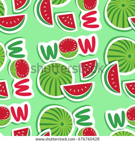 Summer seamless pattern. Watermelon fruit skin pattern. Fancy letters. Freehand drawn cartoon style. Bright color of watermelon. Vector template background for textile, packaging print projects layout