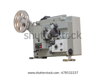 Old retro movie film projector isolated on white.