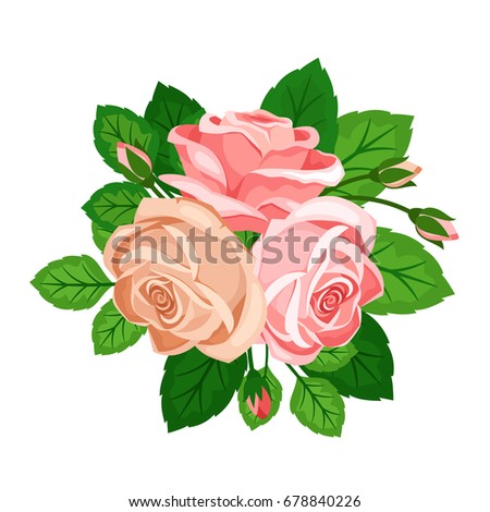 Beautiful bouquet with pink and beige roses, isolated floral composition on white background