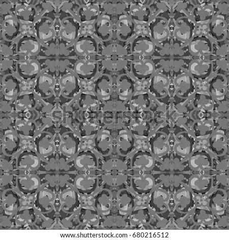 Seamless Pattern Gray Background. Stylized flower mandala elements. Boho ogee tile. Complex decorative ornament. Traditional oriental interior fabric print, wallpaper. floor.