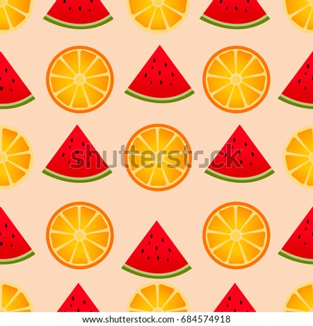 Bright seamless pattern with fruits - watermelon, orange