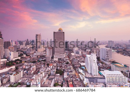 Beautiful sunset sky aerial view City of Bangkok skyline, cityscape background