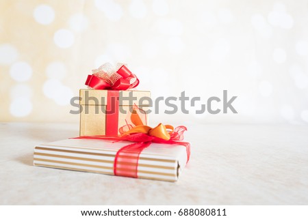Mix of presents on Christmas background with space for text 