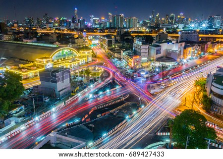 Cityscape at night front of Hua Lamphong railway station in Bangkok Thailand
