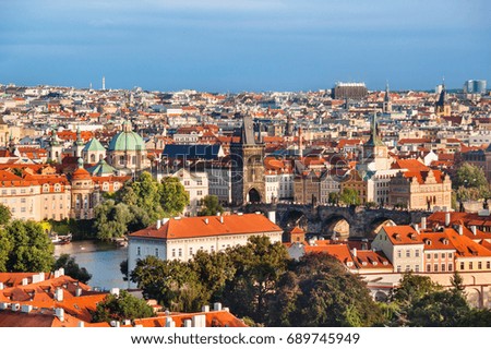 Aerial view of Prague, Czech Republic on a sunny evening.