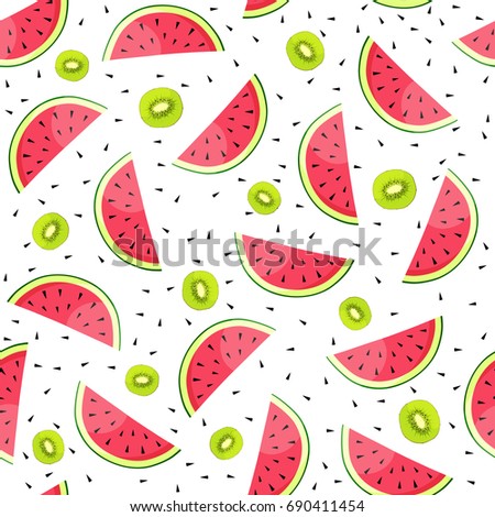 Vector Seamless pattern with watermelon and kiwi slices. Vector illustration.