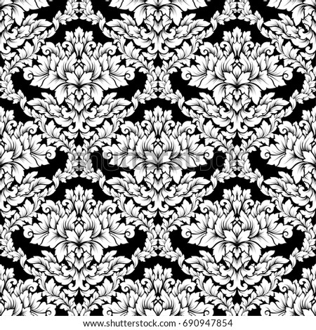 Damask seamless pattern intricate design. Luxury royal ornament, victorian texture for wallpapers, textile, wrapping. Exquisite floral baroque lacy flourish black and white