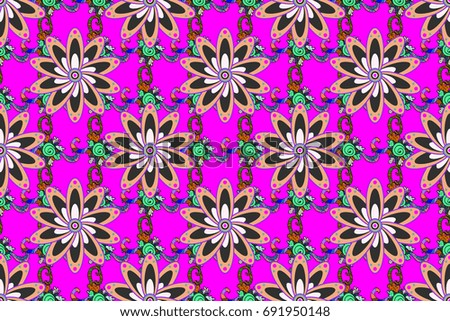 Elegant decorative ornament for fashion print, scrapbook, wrapping paper, wallpaper. Outline flowers on colored background. Raster illustration. Simple floral seamless pattern with small flowers.