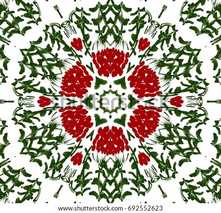 Ornament on a white background. Technically modified, abstract pattern./Abstract symmetrical red-green pattern with fancy berries and leaves