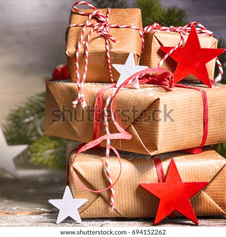Rustic Christmas background with gift boxes