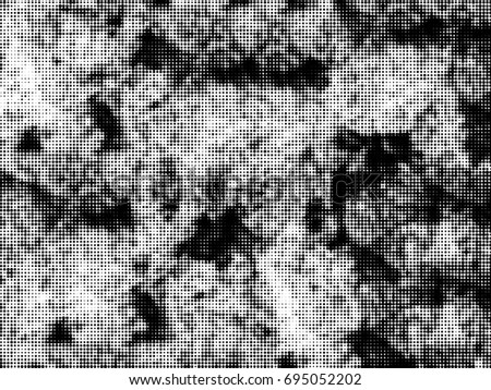 Grunge halftone black and white horizontal. Grayscale abstract texture for design and decoration. Black and white halftone the background stains, cracks, chips. Vintage old texture halftone