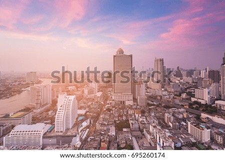 Aerial view city of Bangkok city central business downtown with beautiful sky background, Thailand