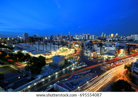 Bangkok night view Hualamphong Railway Station Street lamp building skyscraper Night colors

