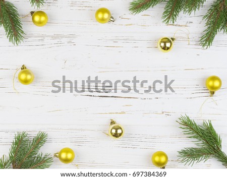 Christmas frame with fir tree, on rustic wood, copy space for text. New Year background