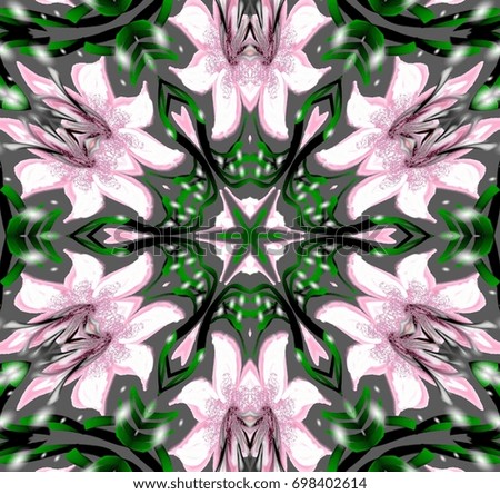 Ornament on a gray background. Technically modified, abstract pattern./Six directed symmetric pattern in combination of shades of pink, white, green, black and other colors on gray background.