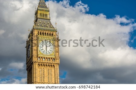 Big ben of London at six o'clock. Clock Tower, British Parliament