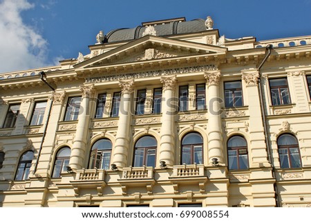 Building of national philharmonic in capital of Lithuania Vilnius. The old architecture with beautiful carving and decorative balconies