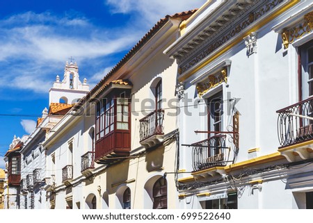 Viewon street of colonial Buildings in the colonial center of Sucre - Bolivia