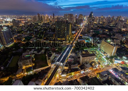Bangkok colorful and bright skyline at dusk, view from the Thog Lor district