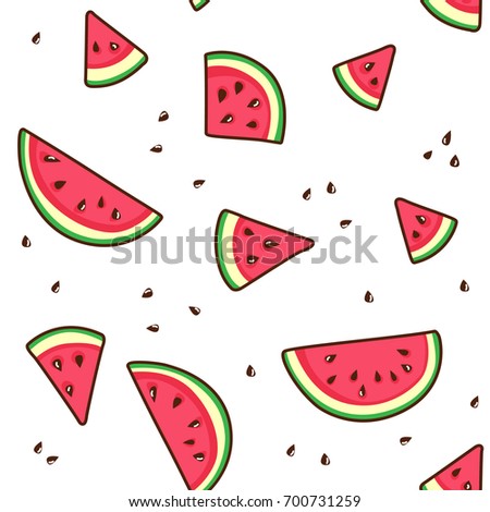 Watermelon slices tropical fruit seamless pattern for textile prints, cards, design. Flat style, vector illustration