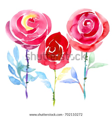 Pattern from three red roses with leaves. Painted background, watercolor painting. Greeting card. Hand drawn floral illustration. Flower print. Cloth pattern. 