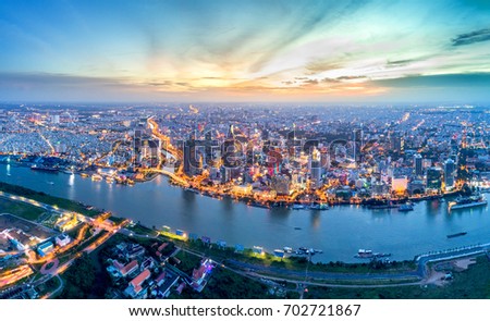 Aerial view of Ho Chi Minh city, Vietnam. Beauty skyscrapers along river light smooth down urban development in Ho Chi Minh City, Vietnam. High, Best royalty free stock image,  high resolution