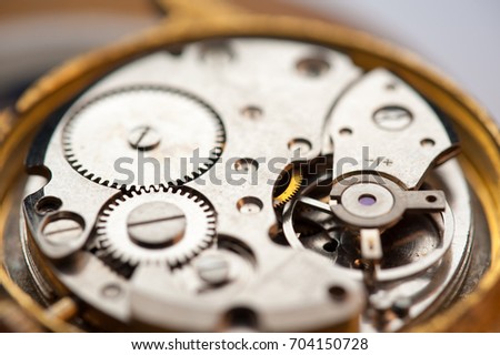 Detail of watch machinery on the table. 