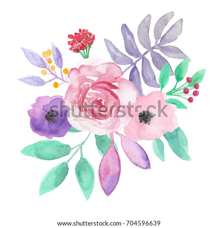 Watercolor Purple Flower Arrangement Summer Floral Hand Painted Bouquet